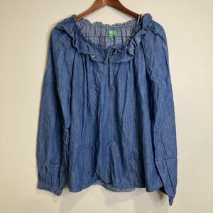 DIP Chambray Blouse Size XL Pullover Ruffled Long Sleeved Cotton Cottagecore